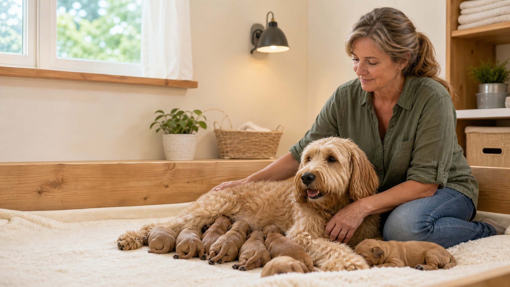 A breeder caring for a mother dog and her puppies in a clean, warm home setting