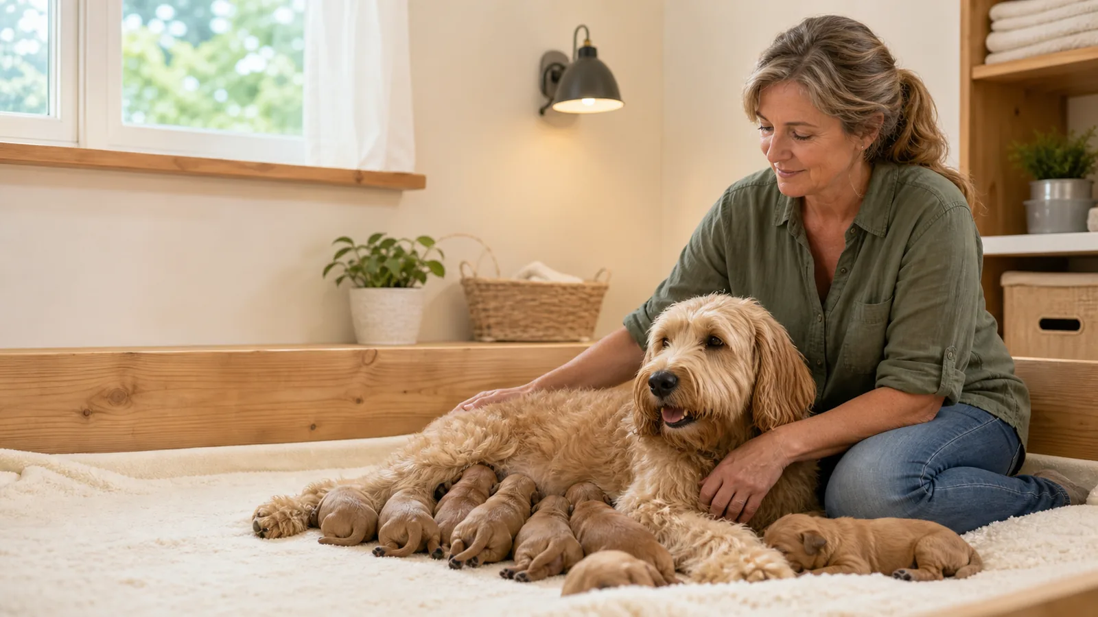 A breeder caring for a mother dog and her puppies in a clean, warm home setting